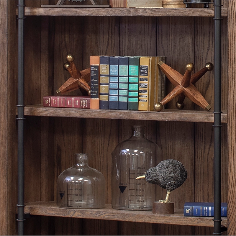 Maklaine Tall Wood Bookcase Wall with Ladder Storage Organizer in Brown