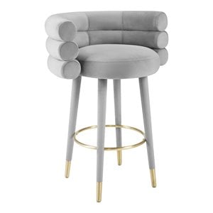 Maklaine 30.3&quotH Velvet and Plywood Bar Stool in Gray/Gold Finish