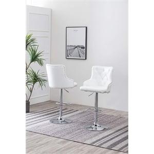 Maklaine Adjustable Bar Stools with White Faux Leather & Tufted Seats (Set of 2)