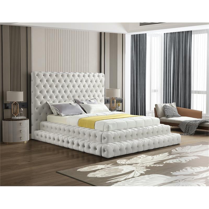 Maklaine Velvet Cream Queen Bed Rectangular Contemporary 98