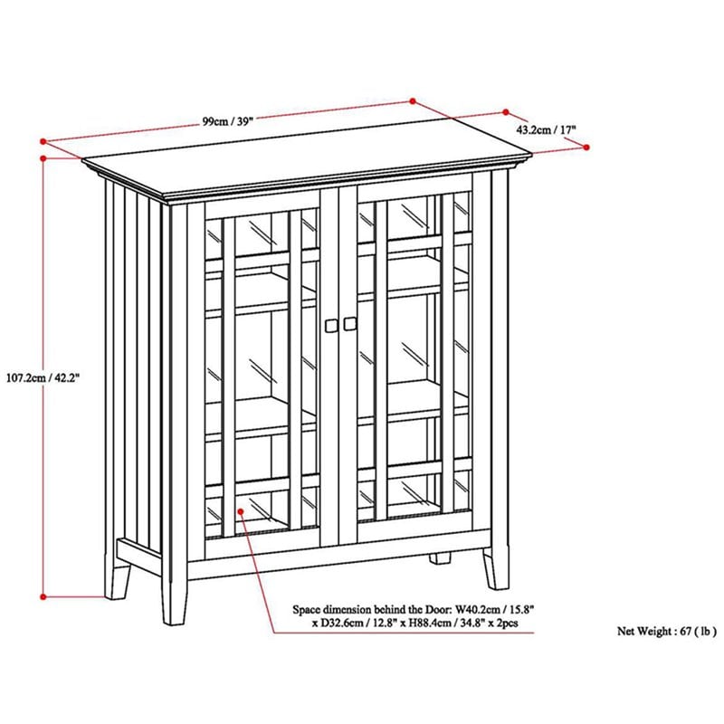 Maklaine Traditional Wood Medium Cabinet with 2 Tempered Glass Doors in Brown