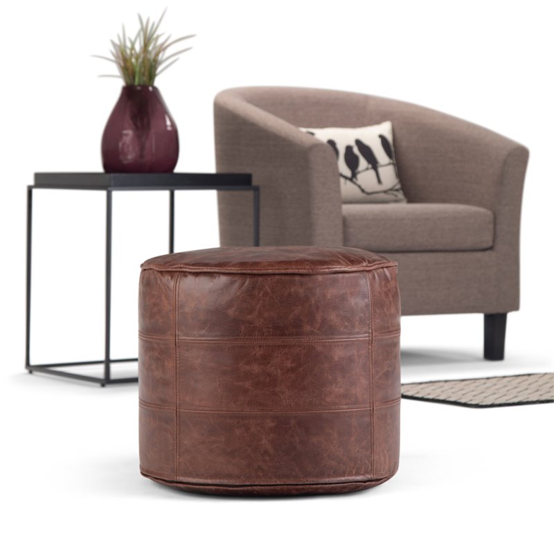 Maklaine Genuine Leather Distressed Brown Pouf Round Fully Assembled