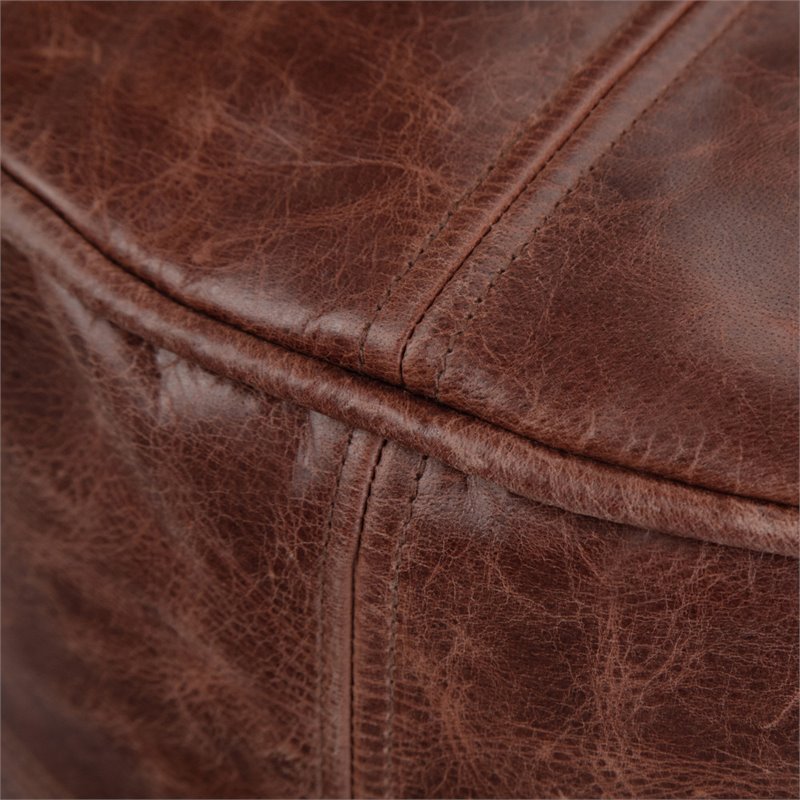 Maklaine Genuine Leather Distressed Brown Pouf Round Fully Assembled