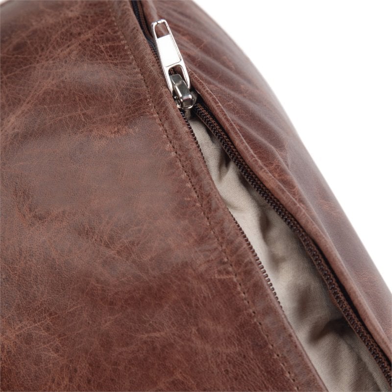Maklaine Genuine Leather Distressed Brown Pouf Round Fully Assembled