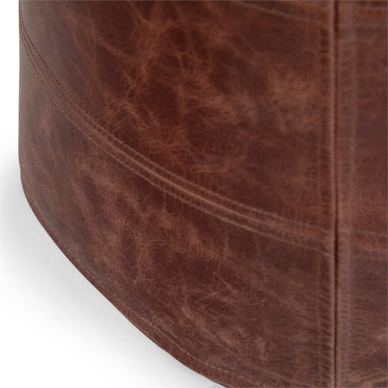 Maklaine Genuine Leather Distressed Brown Pouf Round Fully Assembled