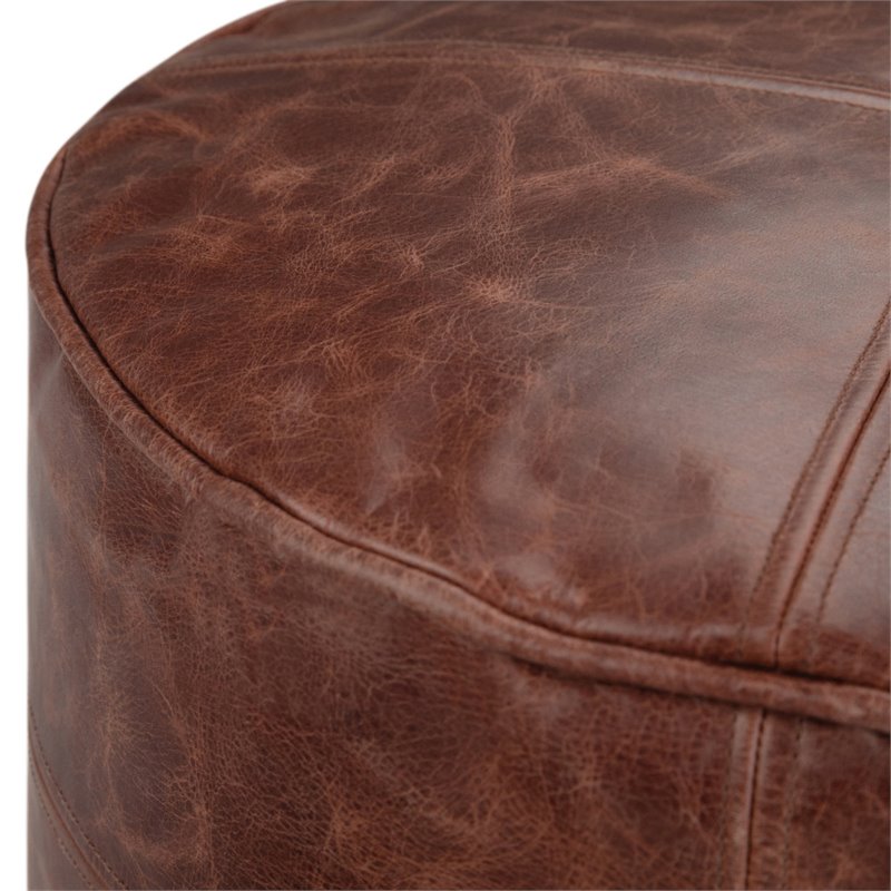 Maklaine Genuine Leather Distressed Brown Pouf Round Fully Assembled