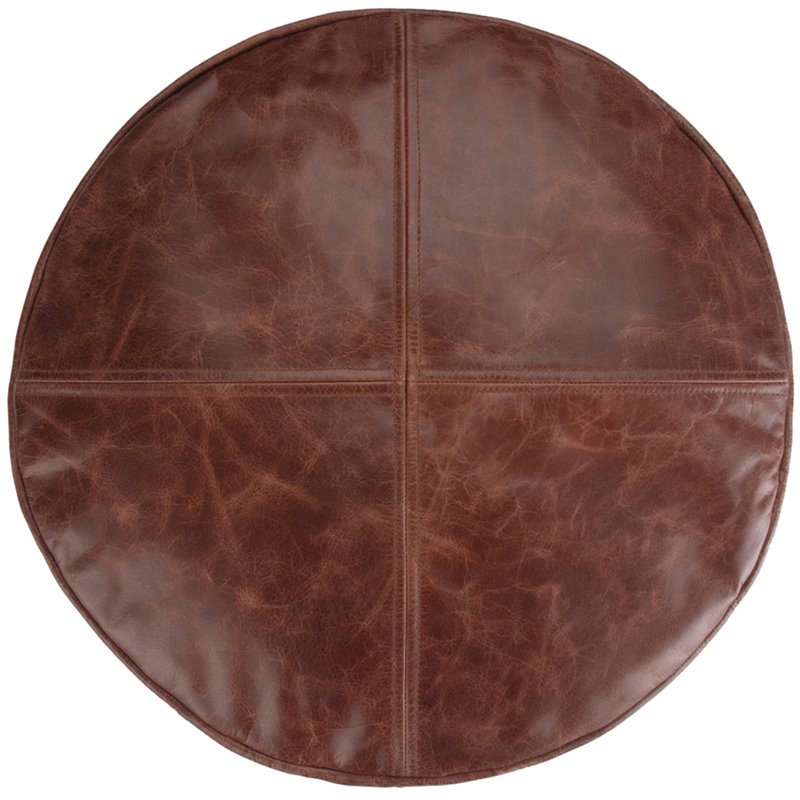 Maklaine Genuine Leather Distressed Brown Pouf Round Fully Assembled