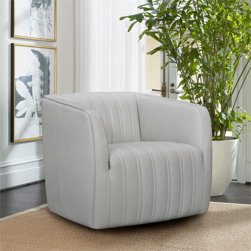 Maklaine Modern Genuine Leather Swivel Barrel Chair in Dove Gray