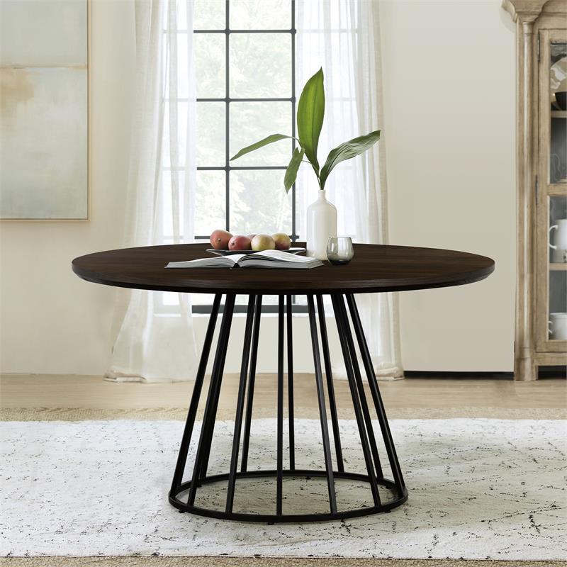 Maklaine Round Contemporary Oak Veneer Wood/Metal Dining Table in Oak
