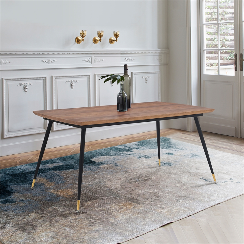 Maklaine Contemporary Wood/Metal Dining Table in Walnut/Black/Gold