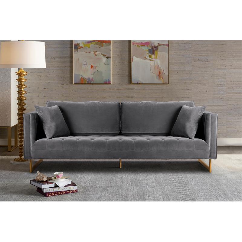 Maklaine Modern Velvet/Metal/Wood Sofa in Gray/Antique Brass