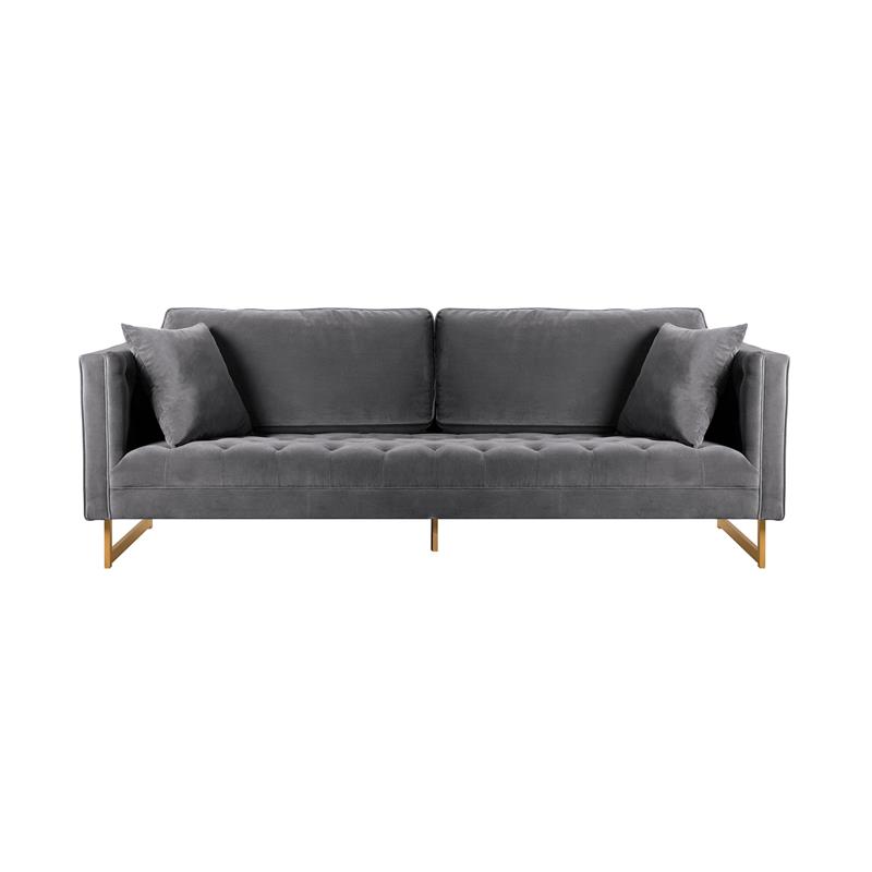 Maklaine Modern Velvet/Metal/Wood Sofa in Gray/Antique Brass