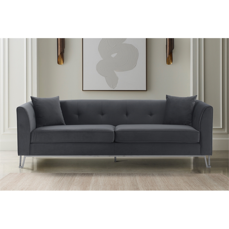 Maklaine Modern Fabric Upholstered/Metal Sofa in Gray/Brushed Stainless Steel