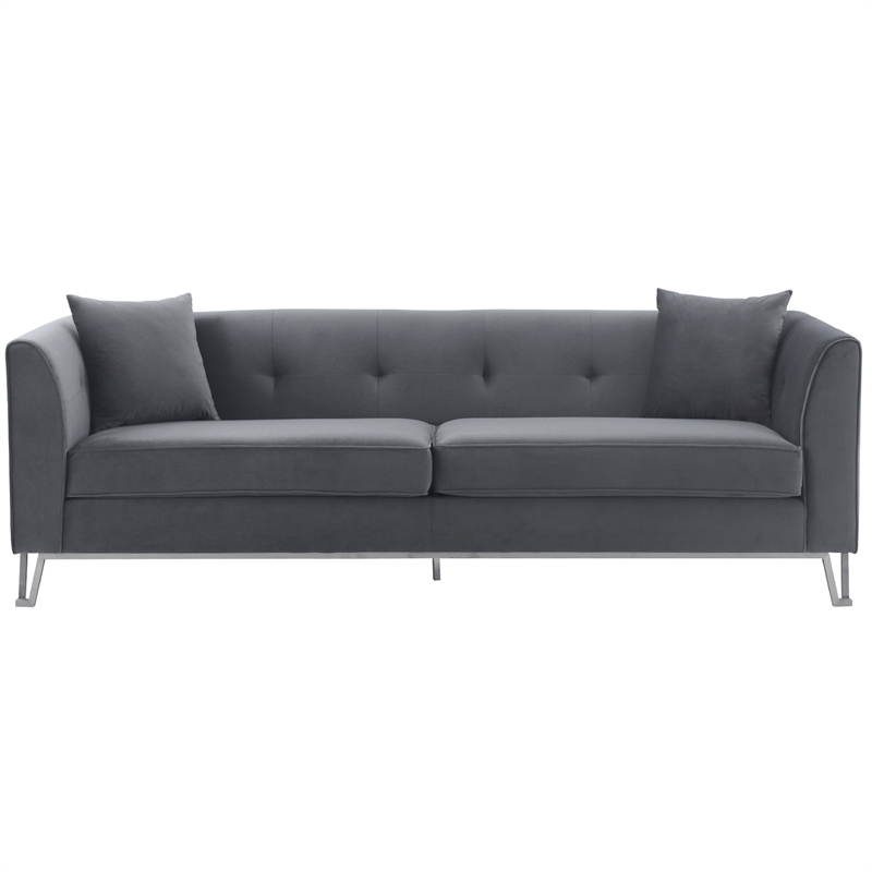 Maklaine Modern Fabric Upholstered/Metal Sofa in Gray/Brushed Stainless Steel