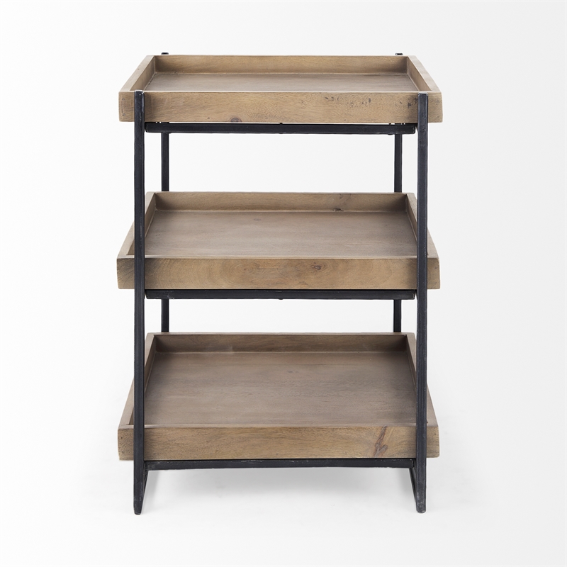 Maklaine Square Brown Wooden Black Iron Frame End Table (Set of 2)