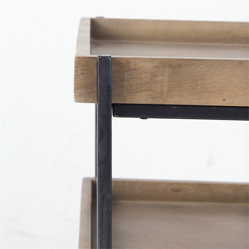 Maklaine Square Brown Wooden Black Iron Frame End Table (Set of 2)