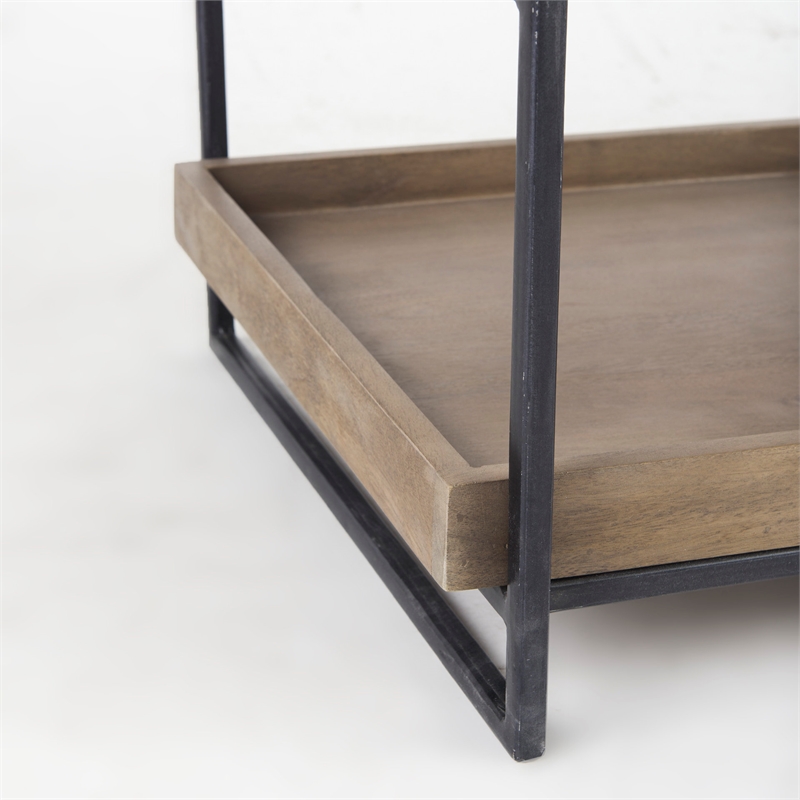 Maklaine Square Brown Wooden Black Iron Frame End Table (Set of 2)