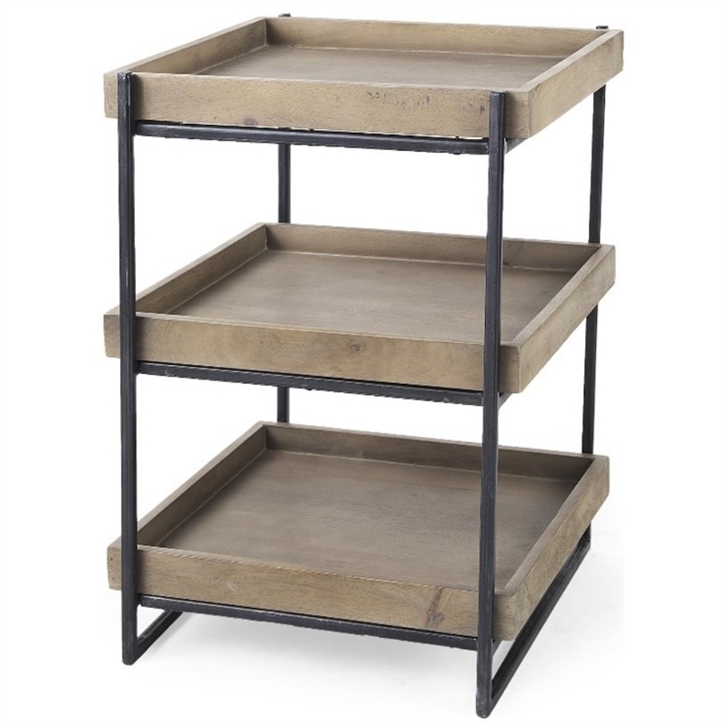 Maklaine Square Brown Wooden Black Iron Frame End Table (Set of 2)