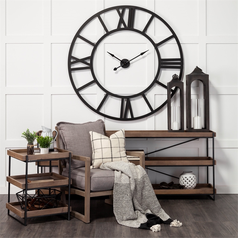 Maklaine Square Brown Wooden Black Iron Frame End Table (Set of 2)