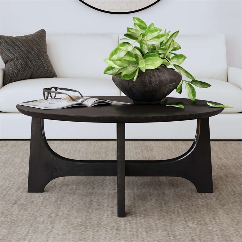 Maklaine Modern / Contemporary Round Cocktail Table in Black Wood