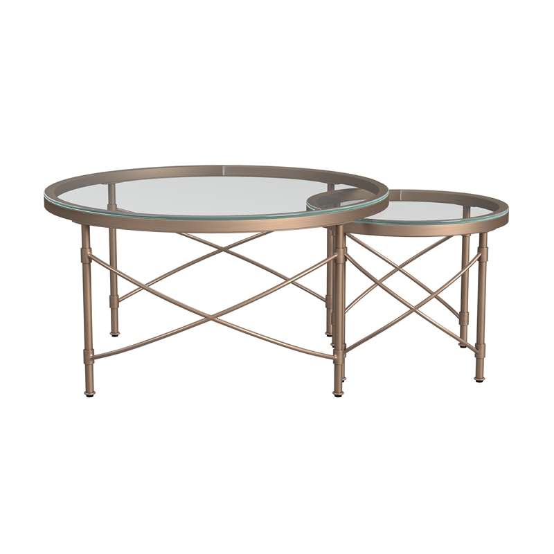 Maklaine Modern / Contemporary Round Metal and Glass Cocktail Table in Gold