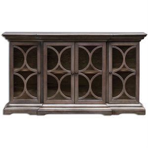 Maklaine 4-Door Mango Wood & Glass Chest in Metallic Silver/Walnut/Clear