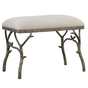 Maklaine Metal & Fabric Small Bench in Antique Silver and Off White