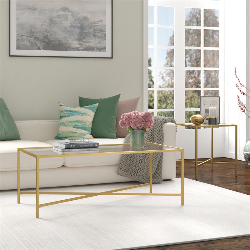 Maklaine Brass Modern Espresso Finish Coffee Table with Glass Top