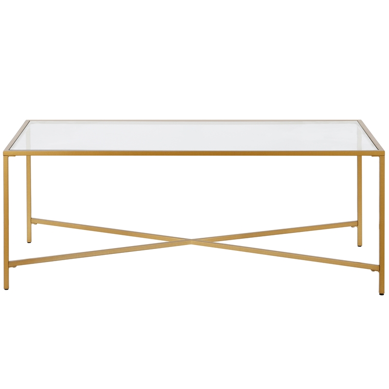Maklaine Brass Modern Espresso Finish Coffee Table with Glass Top