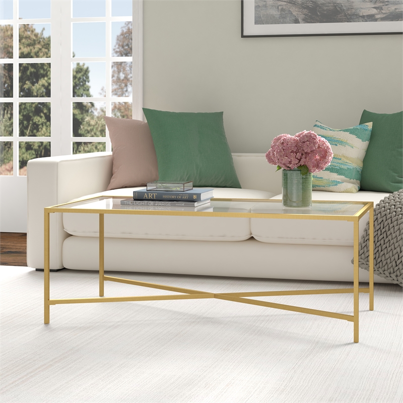 Maklaine Brass Modern Espresso Finish Coffee Table with Glass Top