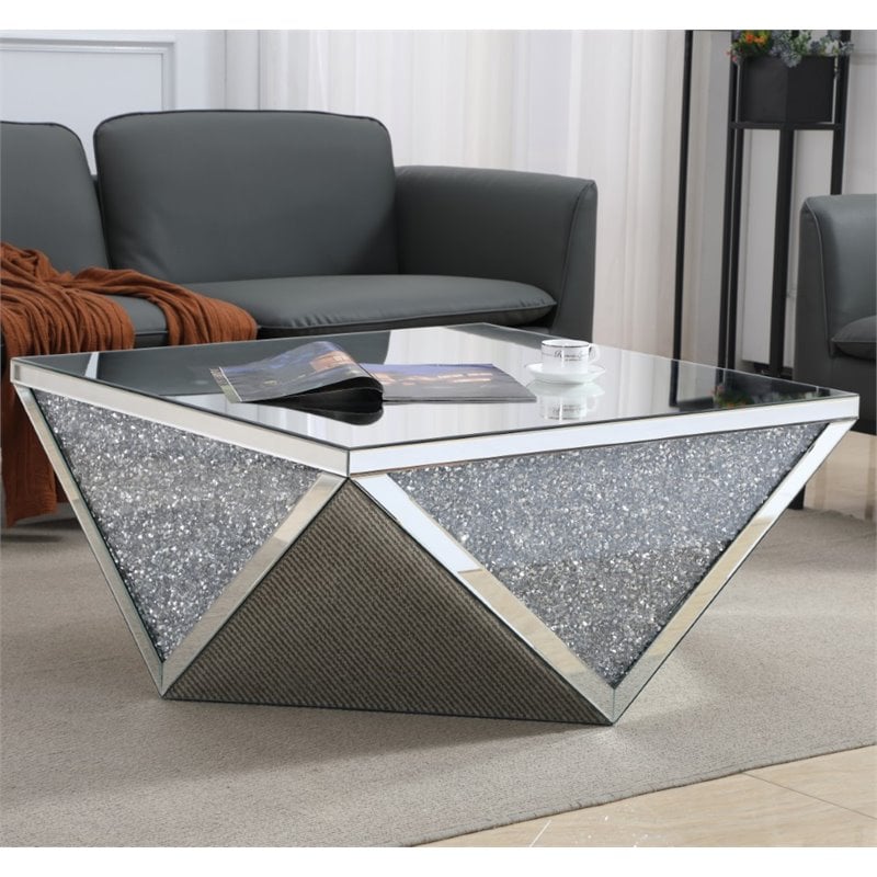 Maklaine MDF Silver Coffee Table Square Crystal Trim 38