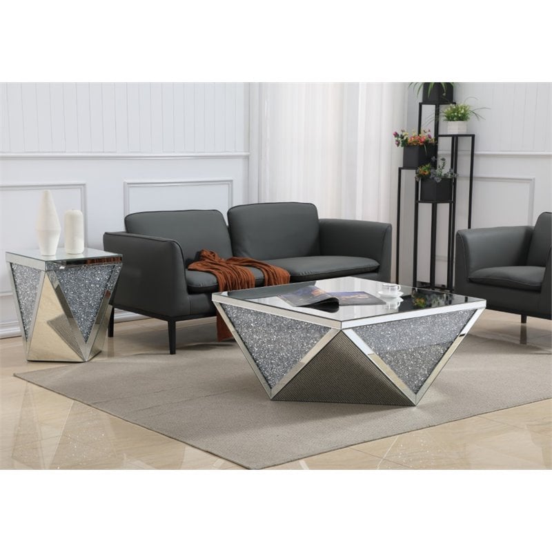Maklaine MDF Silver Coffee Table Square Crystal Trim 38