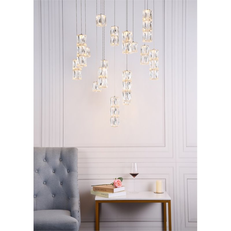Maklaine Modern 16 Light Royal Cut Crystal LED Pendant in Chrome Finish