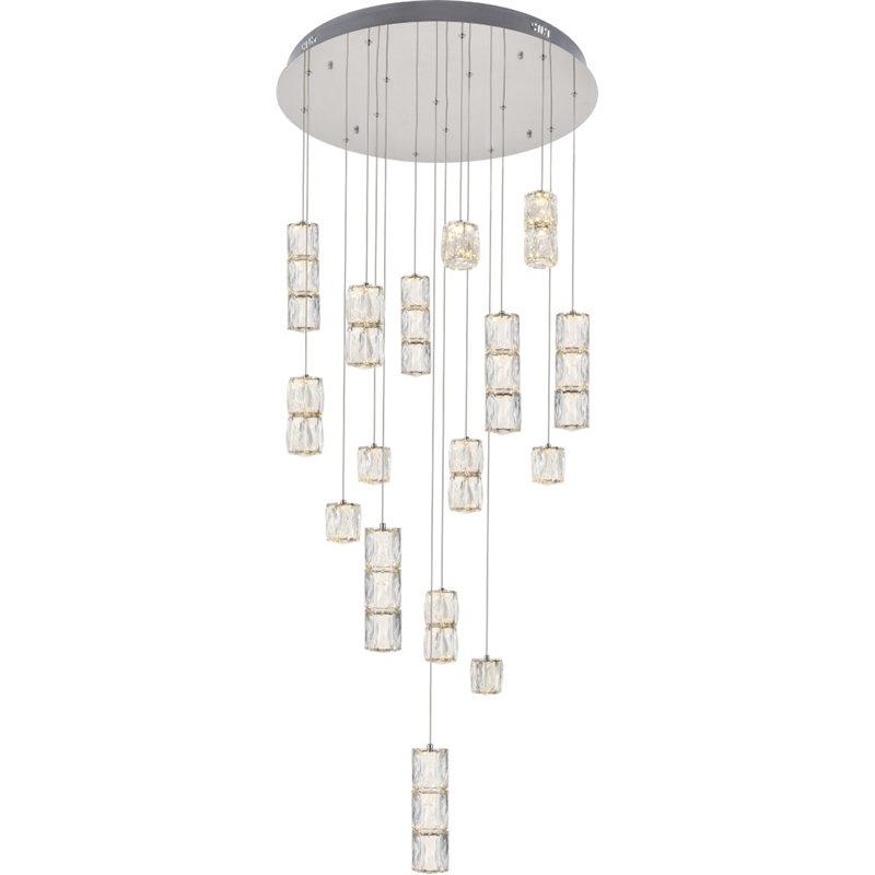 Maklaine Modern 16 Light Royal Cut Crystal LED Pendant in Chrome Finish