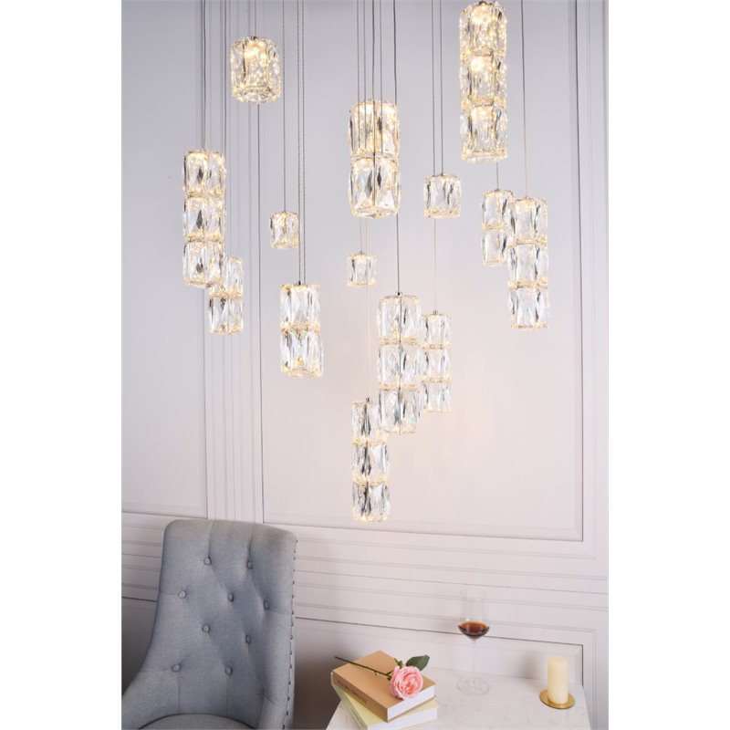 Maklaine Modern 16 Light Royal Cut Crystal LED Pendant in Chrome Finish