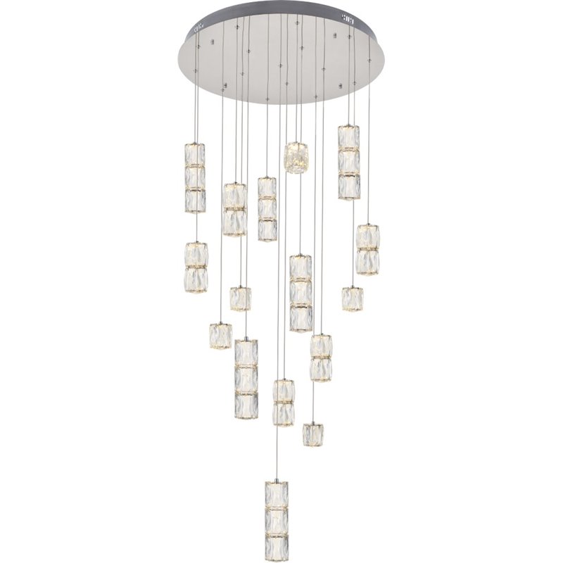 Maklaine Modern 16 Light Royal Cut Crystal LED Pendant in Chrome Finish