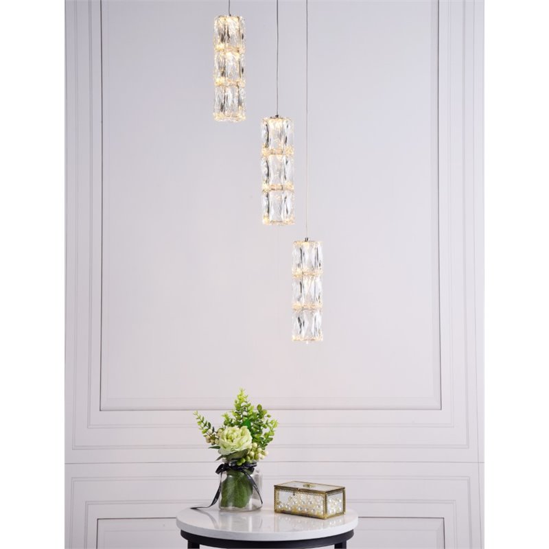 Maklaine Modern 3 Light Royal Cut Crystal LED Pendant in Chrome Finish