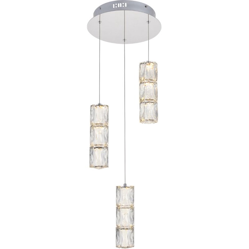 Maklaine Modern 3 Light Royal Cut Crystal LED Pendant in Chrome Finish