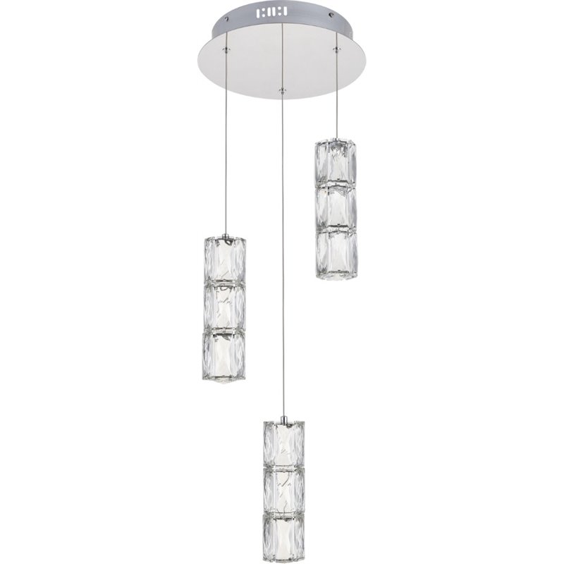 Maklaine Modern 3 Light Royal Cut Crystal LED Pendant in Chrome Finish
