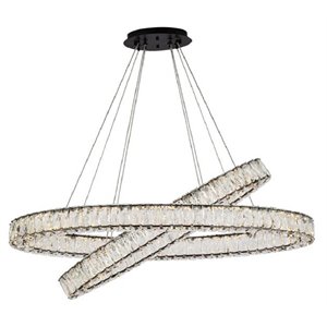 Maklaine Modern 40&quot Oval Crystal LED Double Ring Pendant in Black Finish