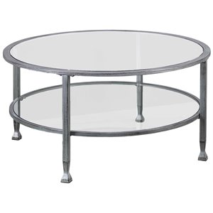Maklaine Modern Round Glass Top Coffee Table in Silver Finish