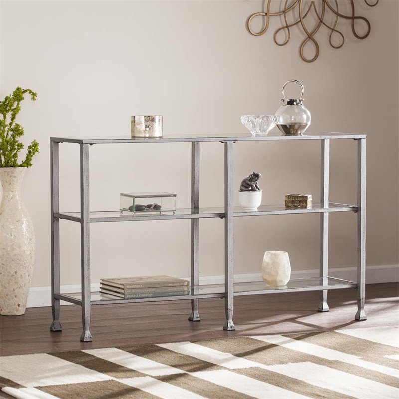 Maklaine Modern 3 Shelf Glass Top Console Table in Silver Finish