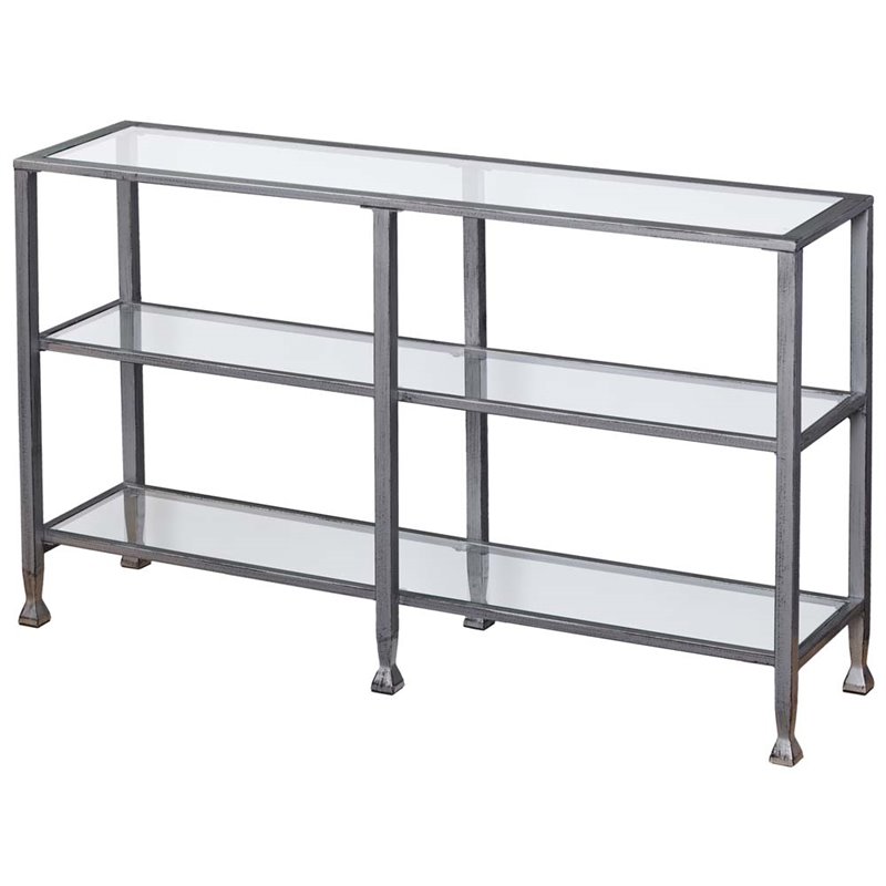 Maklaine Modern 3 Shelf Glass Top Console Table in Silver Finish