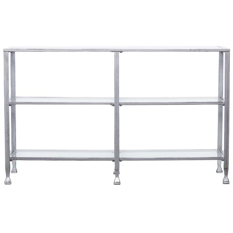 Maklaine Modern 3 Shelf Glass Top Console Table in Silver Finish