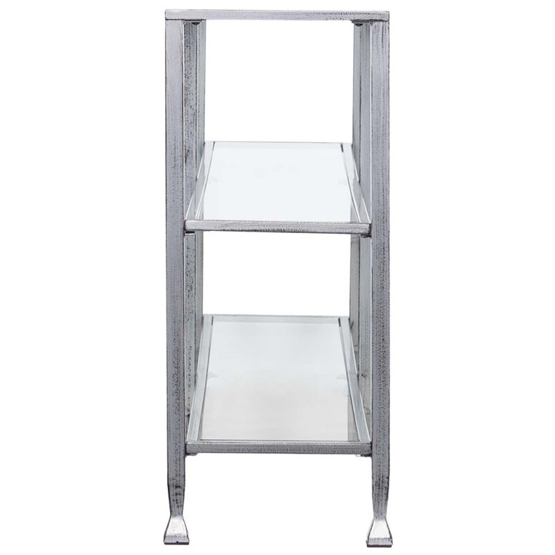 Maklaine Modern 3 Shelf Glass Top Console Table in Silver Finish