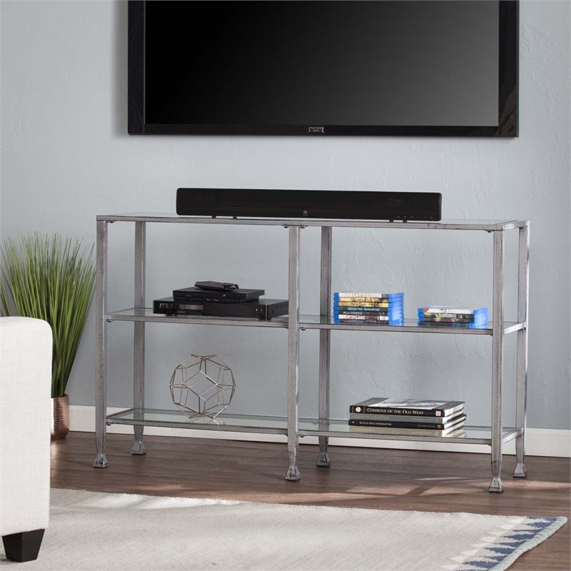 Maklaine Modern 3 Shelf Glass Top Console Table in Silver Finish
