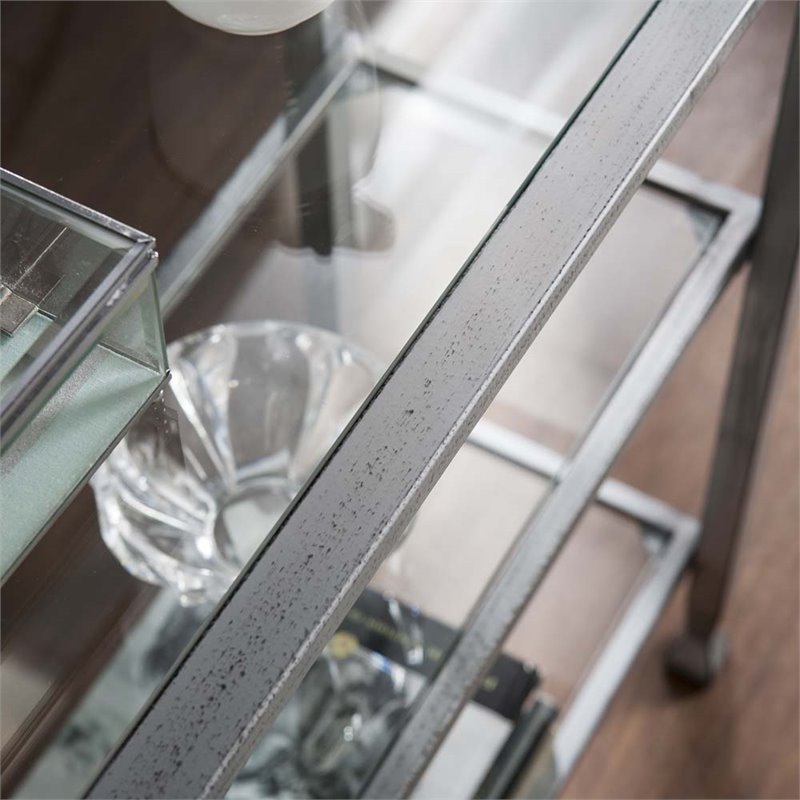 Maklaine Modern 3 Shelf Glass Top Console Table in Silver Finish