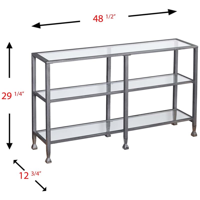 Maklaine Modern 3 Shelf Glass Top Console Table in Silver Finish