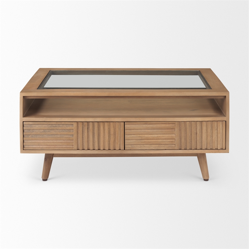 Maklaine Solid Wood and Tempered Glass Top Coffee Table in Light Brown
