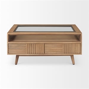 Maklaine Solid Wood and Tempered Glass Top Coffee Table in Light Brown
